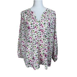 St. John's Bay Women's Blouse Sz XXL Button Up Smocked 3/4 Sleeves Floral
